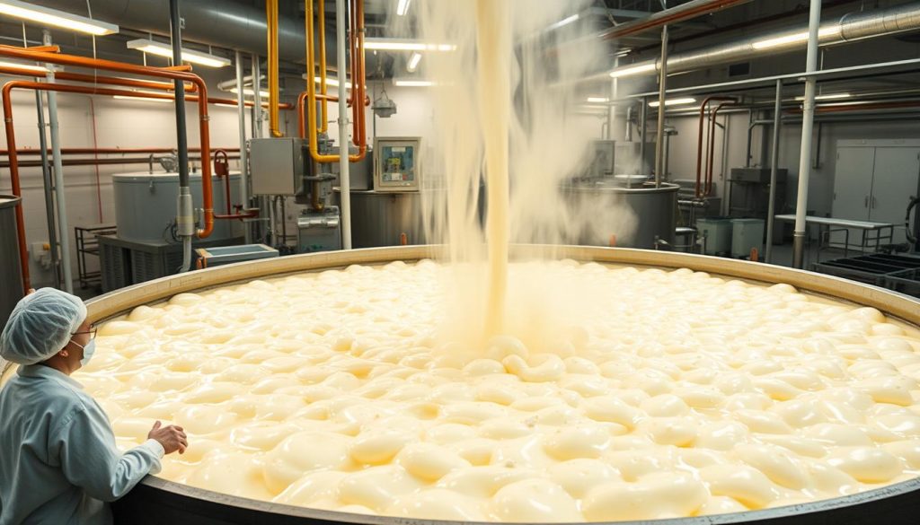 A large industrial vat filled with a bubbling, translucent liquid - the gelatin production process. Bright LED lights illuminate the scene, casting a warm glow on the swirling mixture. In the foreground, workers in sterile white uniforms carefully monitor the temperature and consistency, ensuring the highest quality. The background reveals a series of pipes and tubes, conveying the raw materials and transporting the finished gelatin to packaging stations. The atmosphere is one of precision and efficiency, with a vibrant, almost hypnotic energy emanating from the constantly shifting colors and textures of the gelatin as it is transformed from simple ingredients into a versatile, commercially valuable product.