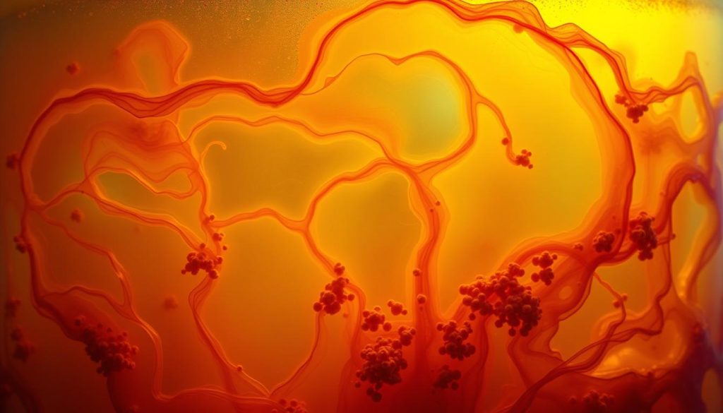 A lush, swirling kombucha SCOBY (Symbiotic Culture of Bacteria and Yeast) ecosystem, teeming with life. Gossamer cellulose membranes undulate gracefully, their delicate tendrils pulsing with vibrant hues of amber, crimson, and emerald. Clusters of fermentative bacteria and yeast colonies cling to the SCOBY's surface, their intricate, fractal-like patterns evoking a sense of otherworldly beauty. Backlit by a warm, diffused light, the kombucha culture appears to glow from within, casting a mesmerizing, almost bioluminescent effect. The overall impression is one of a dynamic, harmonious living system - a testament to the remarkable symbiosis that gives rise to the iconic kombucha beverage. A lush, swirling kombucha SCOBY (Symbiotic Culture of Bacteria and Yeast) ecosystem, teeming with life. Gossamer cellulose membranes undulate gracefully, their delicate tendrils pulsing with vibrant hues of amber, crimson, and emerald. Clusters of fermentative bacteria and yeast colonies cling to the SCOBY's surface, their intricate, fractal-like patterns evoking a sense of otherworldly beauty. Backlit by a warm, diffused light, the kombucha culture appears to glow from within, casting a mesmerizing, almost bioluminescent effect. The overall impression is one of a dynamic, harmonious living system - a testament to the remarkable symbiosis that gives rise to the iconic kombucha beverage.