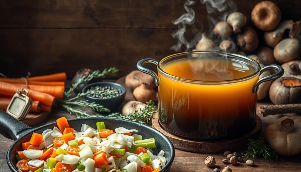 A meticulously arranged still life depicting the layered process of crafting a homemade soup base. In the foreground, an assortment of aromatic vegetables - onions, carrots, celery, and garlic - neatly chopped and sizzling in a cast-iron skillet, their vibrant hues exploding against a rustic wooden backdrop. In the middle ground, a simmering pot of rich, fragrant broth, wisps of steam curling upwards, while various herbs and spices - thyme, bay leaves, peppercorns - are carefully added to build depth of flavor. The background reveals an array of stock bones, mushrooms, and other flavorful ingredients, hinting at the meticulous process of creating a truly exceptional soup base. Soft, directional lighting casts dramatic shadows, highlighting the textures and colors of this culinary symphony.