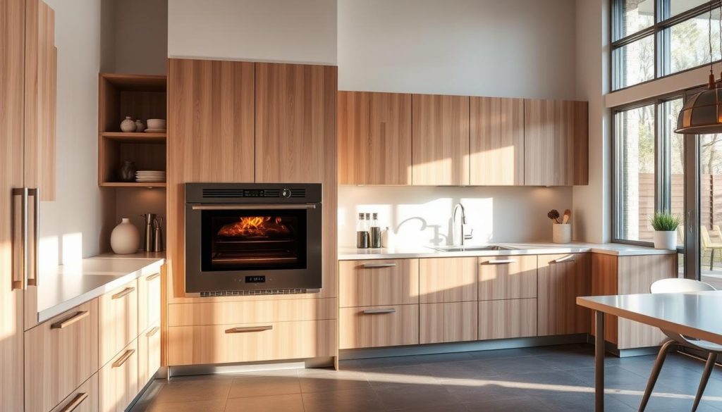 A modern and well-appointed kitchen with a built-in pizza oven as the focal point. The oven is sleek and stainless steel, seamlessly integrated into the surrounding cabinetry and countertops. The kitchen features a mix of light wood and white accents, creating a bright and airy atmosphere. Large windows allow natural light to pour in, casting a warm glow over the vibrant, moving colors of the space. The countertops are clean and minimalist, with a few carefully placed kitchen accessories. The floor is a durable, yet stylish tile that complements the overall design. The kitchen exudes a sense of contemporary sophistication and functionality, making it the perfect setting for crafting delicious homemade pizzas.