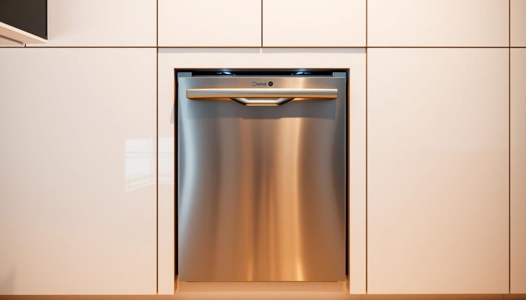 A modern, built-in dishwasher nestled in a sleek, minimalist kitchen. The gleaming stainless steel exterior reflects the warm, indirect lighting, casting a soft glow. The dishwasher is framed by clean, white cabinetry and a neutral-toned backsplash, creating a harmonious, high-end aesthetic. The vibrant, exploding colors of the kitchen's decor and accessories add pops of visual interest, complementing the appliance's contemporary design. The dishwasher is showcased at a dynamic angle, highlighting its seamless integration into the overall kitchen layout and functionality.