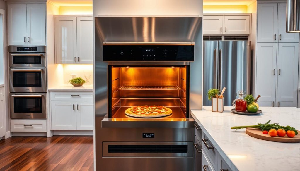 A modern, built-in pizza oven set against a backdrop of a bright, airy kitchen. The oven's stainless steel facade gleams under the warm, diffused lighting, its tempered glass door offering a tantalizing glimpse of the pizza cooking within. Surrounding the oven, a sleek, white quartz countertop extends, dotted with vibrant, fresh ingredients and cooking utensils. The hardwood floors beneath reflect the oven's warm glow, while the high-end appliances and cabinetry in the background suggest a harmonious, upscale design aesthetic. The overall scene exudes a sense of culinary excitement and the promise of delicious, homemade pizza.
