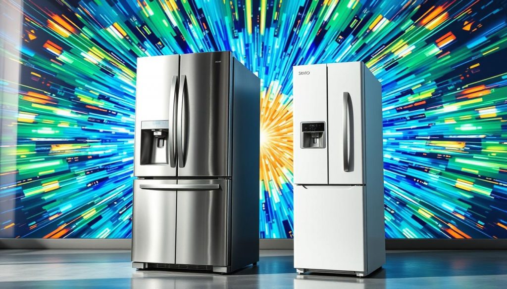 A modern, high-tech showroom featuring two sleek, energy-efficient refrigerators side-by-side. The French door model in stainless steel gleams under bright, natural lighting, its elegant design and smart features showcased. The side-by-side model in a complementary white finish stands adjacent, its efficient dual-zone cooling system highlighted. The background fades into a vibrant, exploding kaleidoscope of blues, greens, and oranges, creating a dynamic, futuristic atmosphere that emphasizes the advanced technology of these appliances. The scene is captured from a slightly elevated, angled perspective to maximize the visual impact of the refrigerators' comparison. A modern, high-tech showroom featuring two sleek, energy-efficient refrigerators side-by-side. The French door model in stainless steel gleams under bright, natural lighting, its elegant design and smart features showcased. The side-by-side model in a complementary white finish stands adjacent, its efficient dual-zone cooling system highlighted. The background fades into a vibrant, exploding kaleidoscope of blues, greens, and oranges, creating a dynamic, futuristic atmosphere that emphasizes the advanced technology of these appliances. The scene is captured from a slightly elevated, angled perspective to maximize the visual impact of the refrigerators' comparison.
