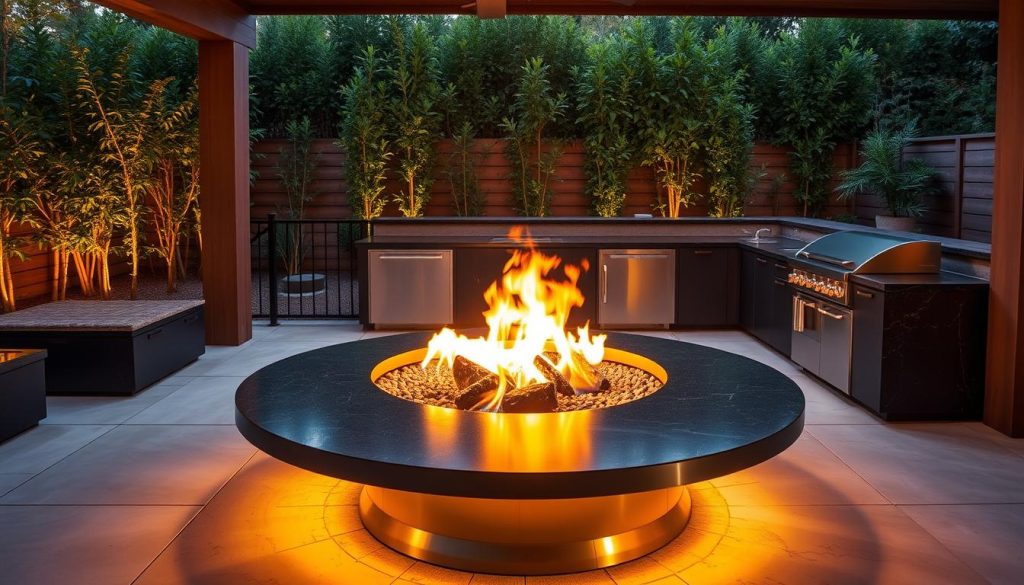 A modern outdoor kitchen featuring a large, circular fire pit as the centerpiece. The fire pit is constructed with sleek, contemporary materials like stainless steel and black granite, casting a warm, inviting glow. The kitchen itself is built with clean lines and high-end appliances, seamlessly integrated into the surrounding patio space. The scene is bathed in the soft, vibrant light of the fire, creating a cozy and atmospheric ambiance. Lush greenery in the background provides a natural contrast, while the overall design strikes a balance between form and function.