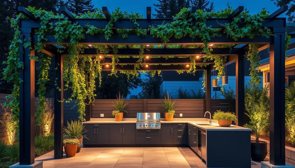 A modern outdoor kitchen pergola, framed by a minimalist steel structure with clean lines and sleek architectural details. Lush greenery, including trailing vines and potted plants, cascades from the pergola's beams, creating a natural, inviting ambiance. The space is bathed in warm, vibrant lighting, with a mix of downlights and subtle up-lighting that highlights the pergola's distinctive design. The kitchen itself features a built-in grill, sleek cabinetry, and a large, seamless countertop, all in a contemporary palette of grays, blacks, and natural wood tones. The overall scene exudes a sense of refined elegance and effortless style, perfectly reflecting the latest trends in modern outdoor kitchen pergola design.