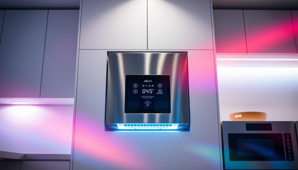 A modern, sleek kitchen interior with an eye-catching built-in ice maker as the focal point. The ice maker's gleaming stainless steel housing is accentuated by a soft, diffused light source, casting a warm, inviting glow. The front panel features intuitive touch controls and a digital display, showcasing its smart features and convenience. Surrounding the ice maker, vibrant, subtly shifting colors create a dynamic, captivating atmosphere, highlighting the cutting-edge technology and design elements. The scene is captured from a slightly elevated angle, allowing the viewer to appreciate the ice maker's elegant integration into the kitchen's overall aesthetic.
