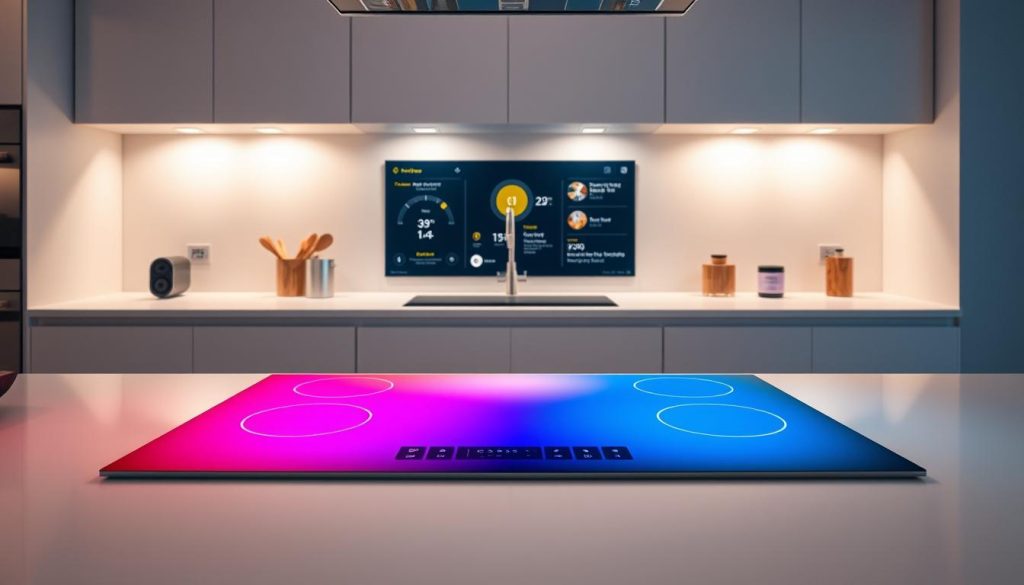 A modern, sleek kitchen with a smart cooktop at the center, seamlessly connected to smart home devices. The cooktop's surface glows with vibrant, shifting colors, responding to voice commands and smartphone controls. In the background, a digital display showcases real-time monitoring of cooking temperature, time, and recipe suggestions. Soft, diffused lighting from above illuminates the scene, creating a welcoming and high-tech atmosphere. The cooktop is the focal point, surrounded by a minimalist kitchen design that amplifies its advanced connectivity and intuitive user experience.