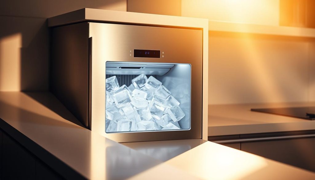 A modern, stainless steel built-in ice maker nestled into a sleek, minimalist kitchen counter. The ice maker is positioned at an angle, casting soft shadows across the surrounding surfaces. The front panel features a simple, intuitive control panel with LED indicators. The ice maker's interior is brightly lit, showcasing a steady flow of clear, perfect ice cubes. Warm, golden lighting filters in from overhead, creating a cozy, inviting atmosphere. The scene captures the intersection of form and function, where a high-performance appliance seamlessly blends into the kitchen's contemporary design.