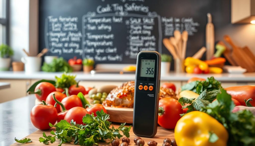 A modern, well-equipped kitchen with a digital food thermometer on the countertop. Surrounded by a variety of colorful, fresh ingredients - vibrant vegetables, herbs, and spices. The thermometer's display shows a precise temperature reading, emphasizing the importance of accurate heat control in cooking. Warm, indirect lighting casts a soft glow, creating an inviting and professional atmosphere. In the background, a chalkboard wall displays temperature safety guidelines and cooking tips. The overall composition conveys the idea of precision, safety, and the vibrant colors of a successful culinary experience. A modern, well-equipped kitchen with a digital food thermometer on the countertop. Surrounded by a variety of colorful, fresh ingredients - vibrant vegetables, herbs, and spices. The thermometer's display shows a precise temperature reading, emphasizing the importance of accurate heat control in cooking. Warm, indirect lighting casts a soft glow, creating an inviting and professional atmosphere. In the background, a chalkboard wall displays temperature safety guidelines and cooking tips. The overall composition conveys the idea of precision, safety, and the vibrant colors of a successful culinary experience.