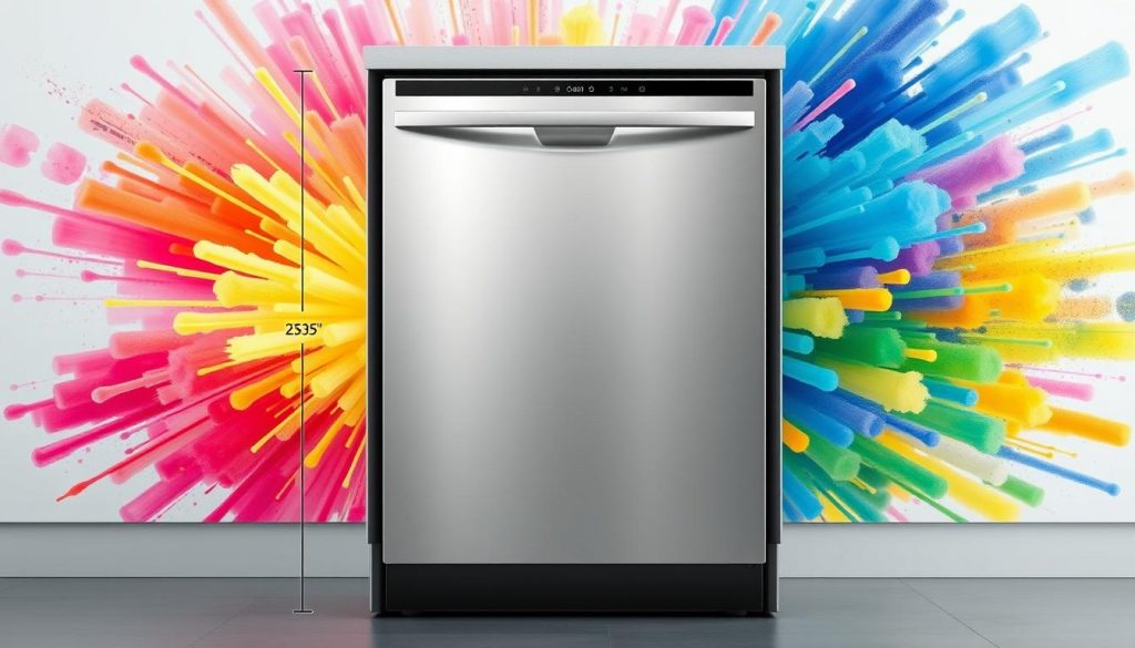 A modern, well-organized kitchen with a stainless steel dishwasher taking center stage. The dishwasher is shown in profile, allowing the viewer to clearly see its dimensions - its height, width, and depth, as well as the space it would occupy in a standard kitchen layout. The background is a vibrant, exploding spectrum of colors, creating a dynamic and eye-catching visual contrast. Soft, directional lighting accentuates the sleek, angular lines of the dishwasher, highlighting its technical features and design elements. The overall composition conveys a sense of efficiency, precision, and the importance of properly measuring one's kitchen space to ensure the perfect appliance fit.