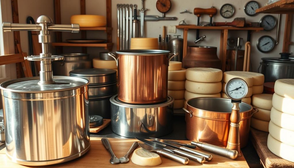 A neatly arranged array of cheesemaking tools and equipment, bathed in warm, natural lighting. In the foreground, a gleaming stainless steel cheese press, its intricate mechanism visible. Beside it, a set of shiny, precise knives for cutting curds. In the middle ground, a large copper pot for heating and coagulating milk, its polished surface reflecting the room. Further back, an assortment of aging caves, wooden molds, and specialized thermometers, conveying the precise science behind successful cheesemaking. The overall scene exudes a sense of artisanal craftsmanship and attention to detail, inviting the viewer to explore the essential tools required to transform milk into delectable wheels of cheese.