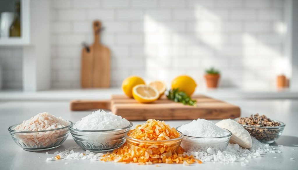 A neatly arranged collection of various salt varieties in a bright, airy kitchen setting. In the foreground, a selection of artisanal salts, including Himalayan pink, Fleur de Sel, Sel Gris, and Smoked Salt, nestled in small bowls. In the middle ground, a wooden cutting board with sliced lemons and herbs, adding a touch of freshness. The background features a bright, white-tiled wall with natural light streaming in, creating a clean, minimalist atmosphere. The overall scene conveys a sense of culinary exploration and the diverse flavors that different salts can bring to a dish. The image is captured with a wide-angle lens, emphasizing the depth and balance of the composition. A neatly arranged collection of various salt varieties in a bright, airy kitchen setting. In the foreground, a selection of artisanal salts, including Himalayan pink, Fleur de Sel, Sel Gris, and Smoked Salt, nestled in small bowls. In the middle ground, a wooden cutting board with sliced lemons and herbs, adding a touch of freshness. The background features a bright, white-tiled wall with natural light streaming in, creating a clean, minimalist atmosphere. The overall scene conveys a sense of culinary exploration and the diverse flavors that different salts can bring to a dish. The image is captured with a wide-angle lens, emphasizing the depth and balance of the composition.