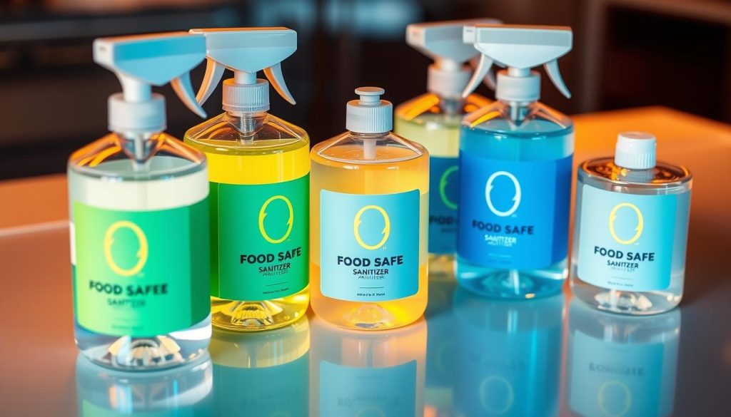 A neatly arranged set of food-safe sanitizer labels, their surfaces gleaming under warm, diffused lighting. The labels feature bold, minimalist designs in a vibrant palette of blues, greens, and yellows, conveying a sense of cleanliness and purity. The labels are positioned on a sleek, reflective surface, allowing the colors to dance and shimmer with a sense of movement. The overall composition exudes a modern, professional aesthetic, perfectly capturing the essence of "What Makes a Cleaner 'Food-Safe'?"