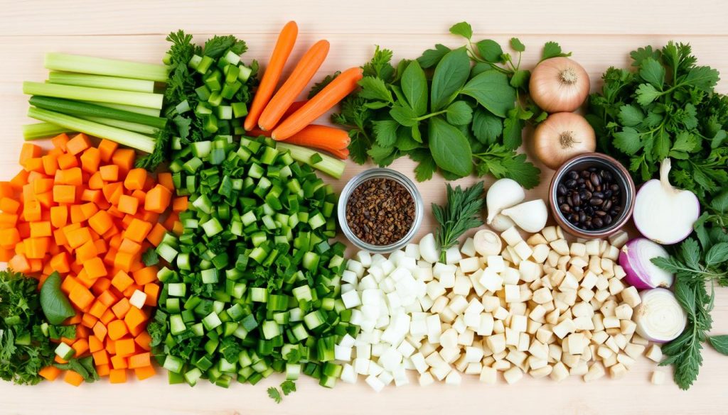 A neatly arranged spread of various freshly chopped vegetables, herbs, and seasonings against a light wooden background. The foreground features an assortment of diced carrots, celery, onions, garlic, and a variety of leafy greens. The middle ground showcases small bowls filled with dried spices, peppercorns, and a selection of fresh aromatic herbs. The background is softly illuminated, creating a warm, inviting atmosphere that highlights the vibrant colors and textures of the ingredients. The overall scene conveys a sense of culinary creativity and the endless possibilities for customizing a flavorful vegetable soup base. A neatly arranged spread of various freshly chopped vegetables, herbs, and seasonings against a light wooden background. The foreground features an assortment of diced carrots, celery, onions, garlic, and a variety of leafy greens. The middle ground showcases small bowls filled with dried spices, peppercorns, and a selection of fresh aromatic herbs. The background is softly illuminated, creating a warm, inviting atmosphere that highlights the vibrant colors and textures of the ingredients. The overall scene conveys a sense of culinary creativity and the endless possibilities for customizing a flavorful vegetable soup base.