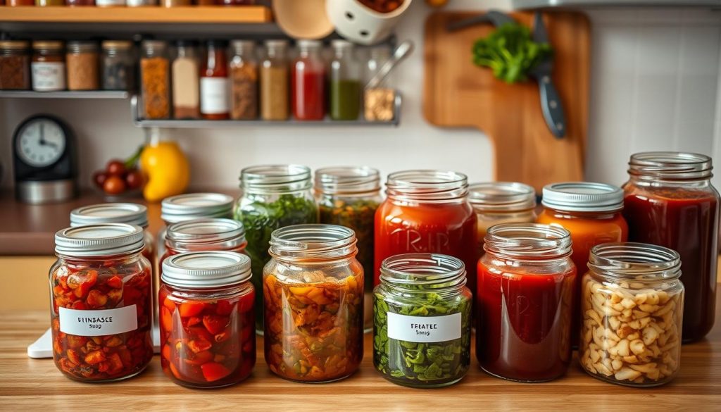 A neatly organized kitchen counter, bathed in warm, soft lighting. On the surface, a variety of glass jars and airtight containers, each holding a rich, aromatic vegetable soup base. The colors burst forth in a vibrant array - deep burgundy from roasted tomatoes, earthy greens from simmered herbs, golden hues from caramelized onions. Carefully labeled lids indicate the contents and dates, showcasing a systematic approach to storage. In the background, a well-stocked spice rack and a cutting board with fresh produce hint at the culinary prowess of the chef. The scene exudes a sense of order, efficiency, and the promise of future flavorful soups. A neatly organized kitchen counter, bathed in warm, soft lighting. On the surface, a variety of glass jars and airtight containers, each holding a rich, aromatic vegetable soup base. The colors burst forth in a vibrant array - deep burgundy from roasted tomatoes, earthy greens from simmered herbs, golden hues from caramelized onions. Carefully labeled lids indicate the contents and dates, showcasing a systematic approach to storage. In the background, a well-stocked spice rack and a cutting board with fresh produce hint at the culinary prowess of the chef. The scene exudes a sense of order, efficiency, and the promise of future flavorful soups.
