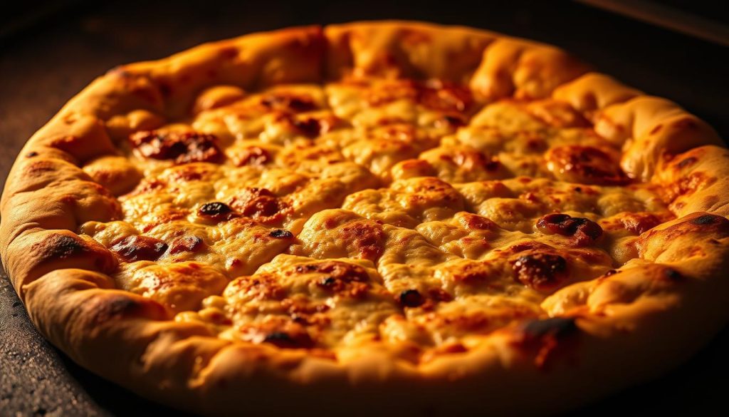 A perfectly golden-brown, thick but airy pizza crust, fresh from a wood-fired oven. The surface has a delicate, crispy texture, with an enticing mottled pattern of darker char marks. The dough has risen to a satisfying, pillowy softness, with a mouthwatering yeasty aroma. Soft and pliable yet sturdy enough to support an abundance of toppings. Dramatic cinematic lighting casts dramatic shadows, highlighting the intricate details of the crust's structure. The scene is bathed in a warm, vibrant glow, creating a cozy, tempting atmosphere.