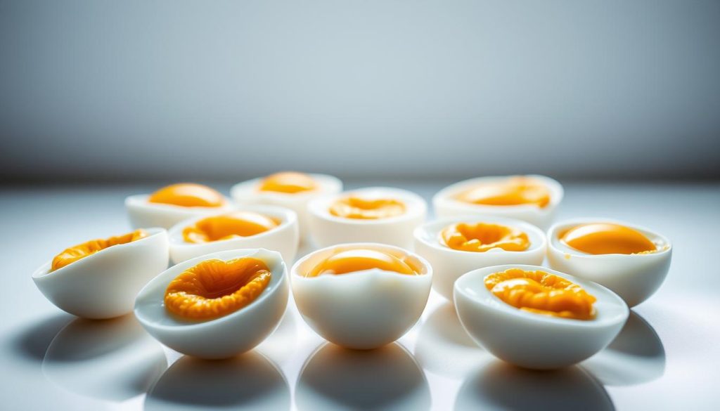 A pristine arrangement of freshly boiled eggs, their shells glistening under soft, diffused lighting. The eggs sit atop a sleek, minimalist surface, their yolks perfectly cooked to a rich, golden hue. The scene exudes a sense of order and precision, showcasing the technique of achieving the ideal hard-boiled egg. Subtle shadows cast by the eggs create depth, while vibrant, moving colors in the background suggest a modern, sophisticated setting. The overall composition evokes a sense of culinary mastery and attention to detail, perfectly encapsulating the "Step-by-Step Guide to Perfect Hard-Boiled Eggs".