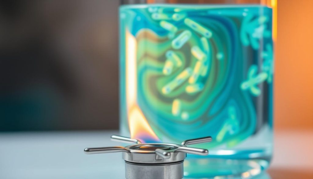 A pristine glass beaker filled with crystal-clear water, illuminated by a warm, focused light. Swirling, vibrant hues of blue and green represent the dynamic interplay of waterborne pathogens, now being subjected to a powerful disinfection process. In the foreground, a sleek, stainless steel laboratory burner emits a subtle, controlled flame, symbolizing the application of heat to eliminate harmful microorganisms. The background is blurred, drawing the viewer's attention to the central action of water purification, underscoring the importance of this process in ensuring safe, potable water.