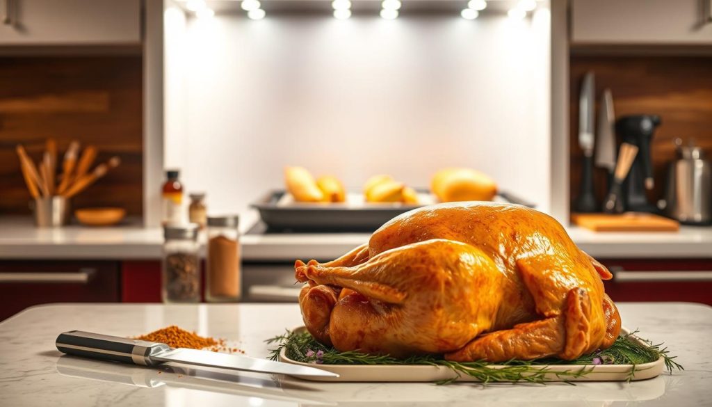 A pristine kitchen counter, meticulously arranged with the tools of the turkey-preparing trade: a sharp carving knife, a sturdy roasting pan, and an array of aromatic seasonings. The scene is bathed in a warm, inviting glow, as if illuminated by the infrared rays of a sophisticated oven. In the foreground, a succulent turkey, its golden-brown skin glistening, awaits its transformation into a culinary masterpiece. The middle ground showcases the step-by-step process, with each stage unfolding in a vibrant, almost choreographic display of colors and textures. In the background, a backdrop of rich, earthy tones sets the stage for this delectable performance, hinting at the depth of flavor and the care that goes into creating the perfect turkey dish.