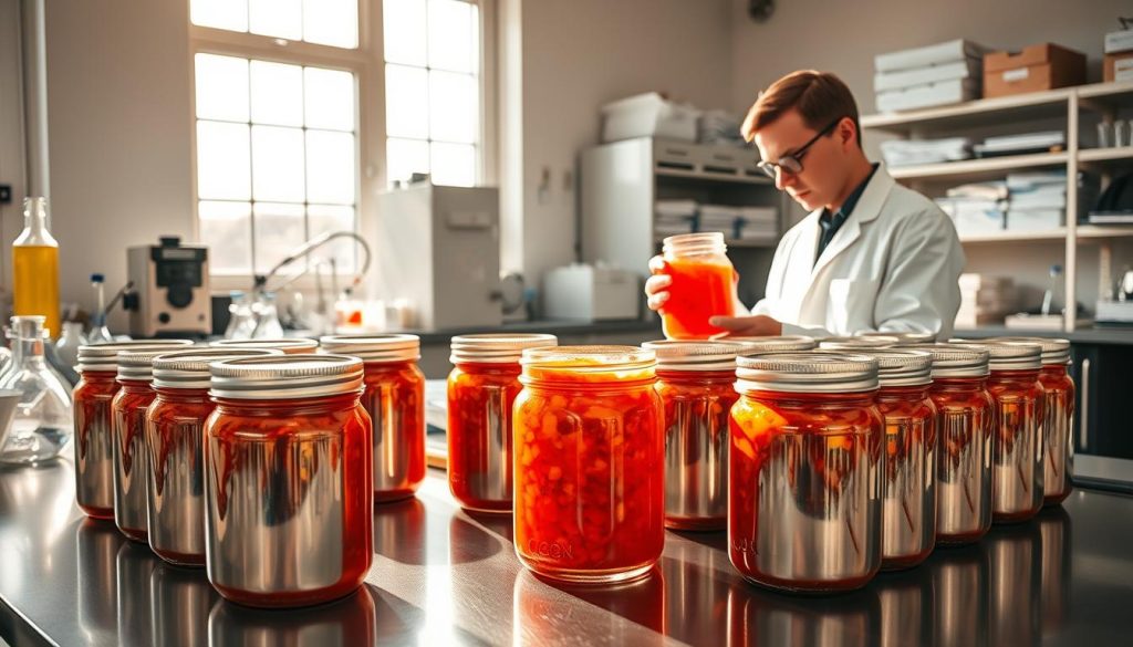 A pristine laboratory setting, bathed in warm, natural lighting that filters through large windows. In the foreground, rows of shiny metal canning jars filled with a vibrant, bubbling tomato sauce sit atop a stainless steel counter. Beakers, pipettes, and other scientific instruments surround the jars, hinting at the ongoing research. In the middle ground, a researcher in a crisp white lab coat carefully examines the contents of a jar, their face illuminated by the vivid, shifting hues of the sauce. In the background, shelves of reference materials and equipment suggest the depth of this scientific inquiry into the interaction between metal and acidic tomato sauce.