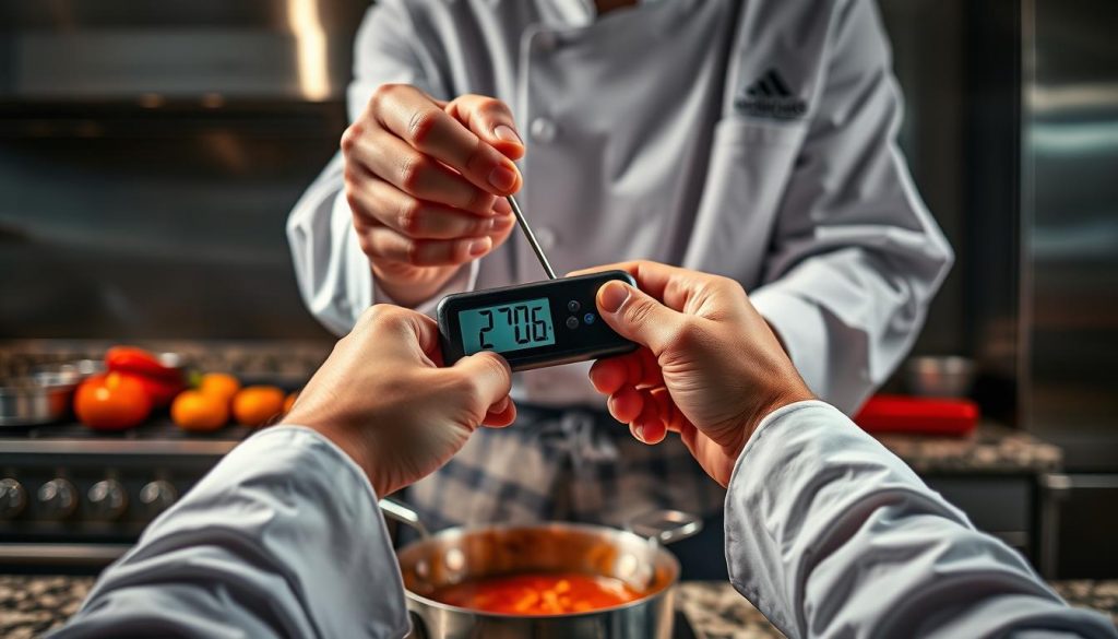 A professional chef's hands meticulously demonstrating the proper use of a digital food thermometer against a backdrop of a modern kitchen. Vibrant exploding colors of stainless steel appliances, gleaming granite countertops, and a steaming pot of simmering sauce. Dramatic high-contrast lighting casts dramatic shadows, highlighting the thermometer's precise digital display and the chef's confident movements. The scene conveys a sense of expertise, precision, and the passion for culinary excellence. A professional chef's hands meticulously demonstrating the proper use of a digital food thermometer against a backdrop of a modern kitchen. Vibrant exploding colors of stainless steel appliances, gleaming granite countertops, and a steaming pot of simmering sauce. Dramatic high-contrast lighting casts dramatic shadows, highlighting the thermometer's precise digital display and the chef's confident movements. The scene conveys a sense of expertise, precision, and the passion for culinary excellence.
