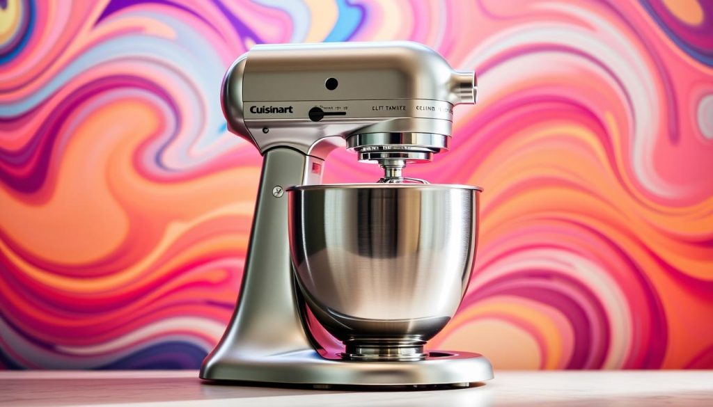 A professional-grade Cuisinart Precision Master 5.5-Qt Stand Mixer, its gleaming chrome body and brushed stainless steel mixing bowl prominently displayed against a vibrant backdrop of swirling, dynamic colors. The mixer's ergonomic controls and tilt-head design are clearly visible, highlighting its user-friendly features. Soft, diffused lighting illuminates the scene, creating a warm, inviting atmosphere perfect for a home baking setup. The mixer's size and solid construction convey its reliability and power, making it an ideal choice for the discerning home baker.