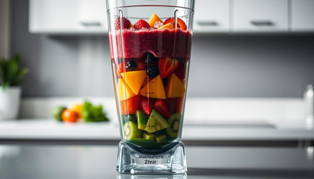 A professionally lit, high-resolution image of a clear glass blender filled with a layered smoothie, showcasing the blender's powerful blending abilities. The smoothie layers include vibrant, exploding colors of fresh fruits and vegetables, precisely positioned to highlight the perfect blending and layering techniques. The blender stands on a sleek, modern kitchen counter, bathed in soft, directional lighting that accentuates the texture and clarity of the ingredients. The overall scene exudes a sense of culinary expertise and attention to detail, perfectly aligning with the "Pro Tips for Maximizing Blender Performance" section of the article.