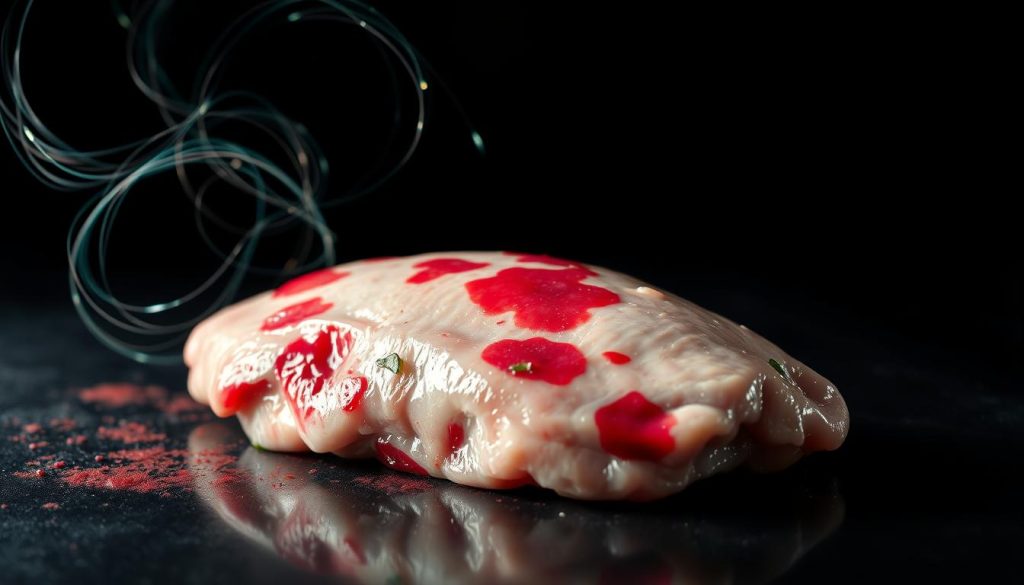 A raw chicken breast, its surface mottled with vivid splotches of ruby-red and emerald-green, lies against a backdrop of glossy ebony. Swirling tendrils of iridescent energy radiate from the meat, evoking the unseen yet ever-present threat of Salmonella enterica. The scene is bathed in a dramatic chiaroscuro, with pools of intense light and shadow lending an air of foreboding. A crisp, high-contrast close-up captures the textural details of the contaminated flesh, conveying the microscopic scale of the dangerous microbes. This striking visual serves as a cautionary tale, a visceral representation of the invisible dangers lurking within uncooked poultry.