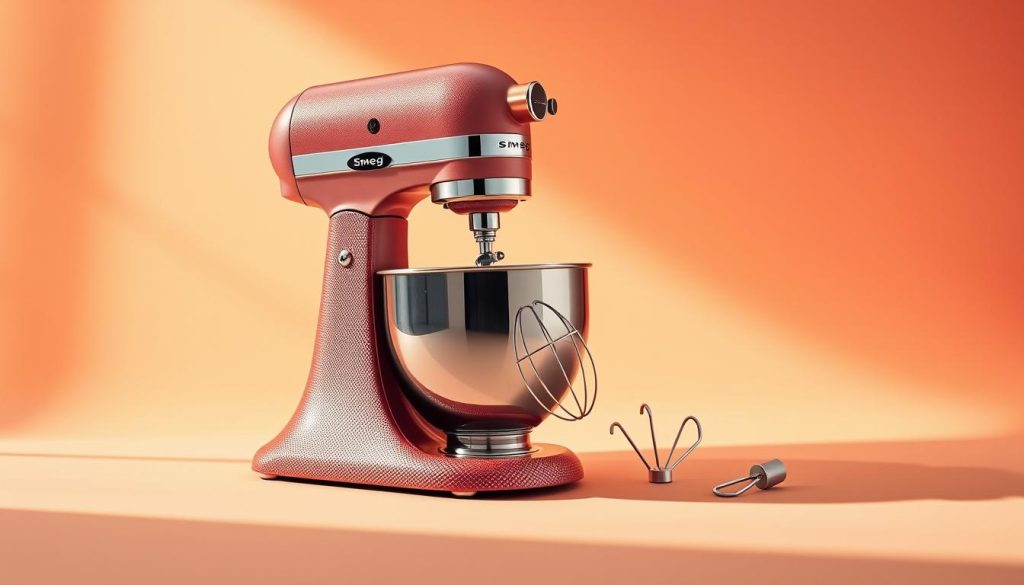 A retro-inspired Smeg stand mixer, featuring a sleek and distinctive design with a vibrant, colorful palette. The mixer is positioned at a slight angle, casting dynamic shadows across a clean, minimalist backdrop. The foreground showcases the mixer's textured metal body, complemented by its iconic curved handle and vibrant knobs. The middle ground highlights the mixer's attachments, including a whisk and dough hook, hinting at its versatile mixing capabilities. The background is filled with a harmonious blend of soft, moving colors, creating a sense of energy and movement. Warm lighting gently illuminates the scene, lending a cozy, inviting atmosphere to the overall composition.