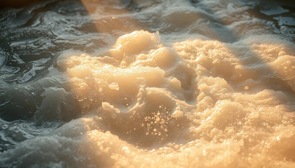 A rolling, bubbling cauldron of boiling water, its surface teeming with roiling, vibrant swirls of movement. Beams of warm, natural lighting illuminate the scene, casting a golden glow on the cascading, turbulent waves. The water's surface reflects the intensity of the heat, with pockets of steam rising in delicate, ephemeral wisps. The scene exudes a sense of energy and vitality, perfectly capturing the process of water reaching a proper boiling point, ready to effectively eliminate any harmful germs or pathogens.