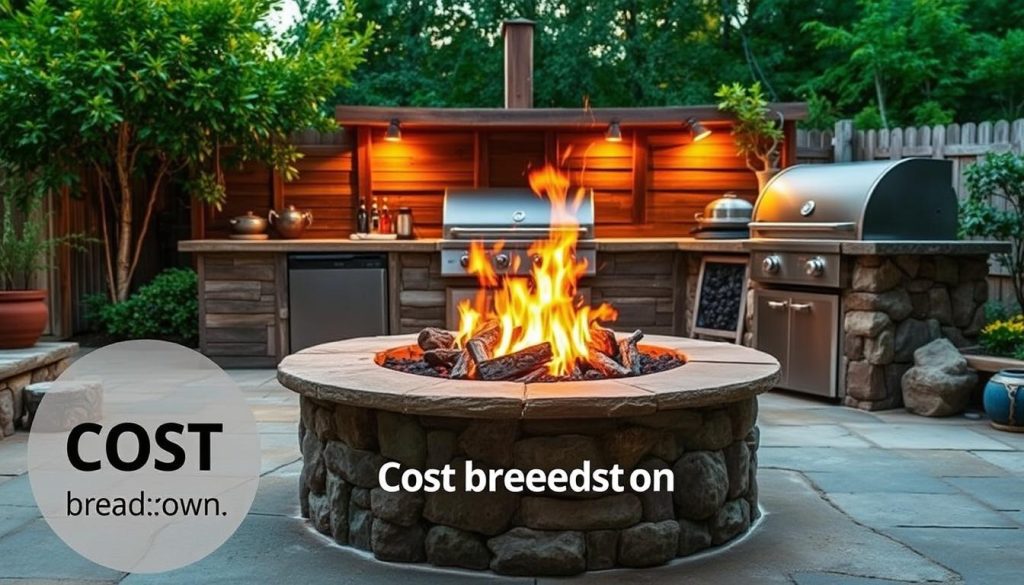 A rustic outdoor kitchen with a custom-built fire pit takes center stage, surrounded by lush foliage and a natural stone patio. Warm, ambient lighting casts a golden glow, complementing the earthy tones of the weathered wood and stone. In the foreground, a detailed cost breakdown highlights the budget-friendly materials and DIY construction techniques used to create this inviting al fresco cooking and entertaining space. The composition emphasizes the fire pit as the focal point, with vibrant, exploding colors in the flames and the surrounding natural elements.
