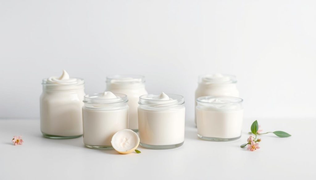 A serene, minimalist still life depicting a selection of homemade yogurt arranged on a clean, white surface. The yogurt is presented in simple glass jars, their natural texture and creamy, off-white color contrasting beautifully with the vibrant background. Soft, diffused lighting from above casts gentle shadows, accentuating the luscious, velvety consistency of the yogurt. The overall composition exudes a sense of purity, health, and the simple pleasures of homemade food. Vibrant, moving colors in a complementary palette of soft blues, greens, and warm neutrals create a calming, inviting atmosphere.