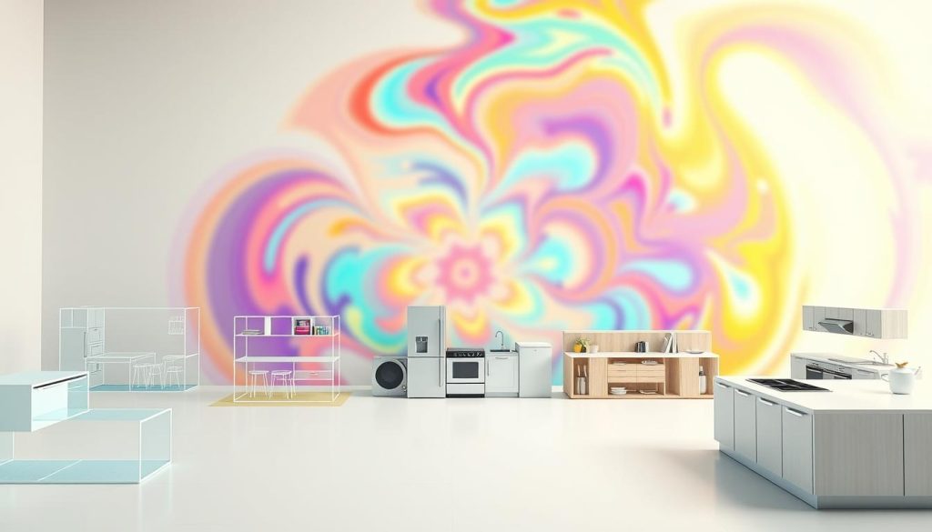 A series of vividly colored case study scenarios unfold across a clean, minimalist backdrop. In the foreground, dynamic wireframe models depict various kitchen setups, each with a distinct layout and arrangement. The middle ground showcases detailed 3D renderings of common kitchen appliances and surfaces, their textures and materials meticulously captured. In the background, a swirling kaleidoscope of vibrant hues and abstract patterns creates a sense of movement and energy, drawing the viewer's eye towards the central focus. Soft, diffused lighting casts a warm, inviting glow, while a wide-angle lens captures the scene from an elevated perspective, emphasizing the interconnected nature of the case study elements.