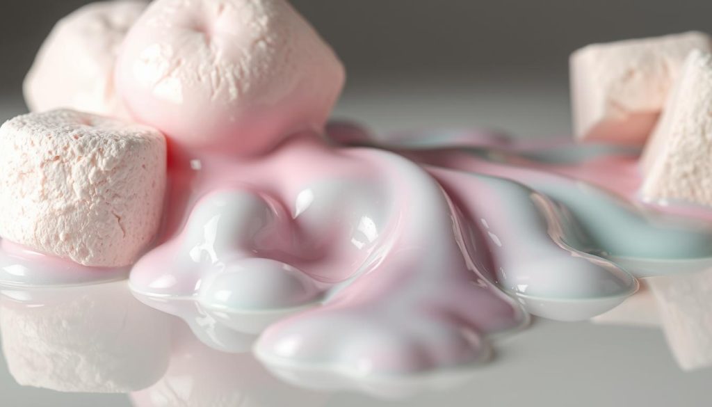 A set of plump, glossy marshmallows gently oozing a glistening, pastel-hued slime that flows and pools, creating captivating steps and trails across a softly lit, reflective surface. The slime's movement is mesmerizing, with shimmering highlights and translucent textures that draw the eye inward. Vibrant, shifting colors - pink, lilac, and soft mint - give the scene a dreamlike, enchanting quality, as if the marshmallows themselves are coming alive. The composition is balanced, with the slime steps leading the viewer's gaze through the frame, inviting exploration of this whimsical, delectable-looking world.