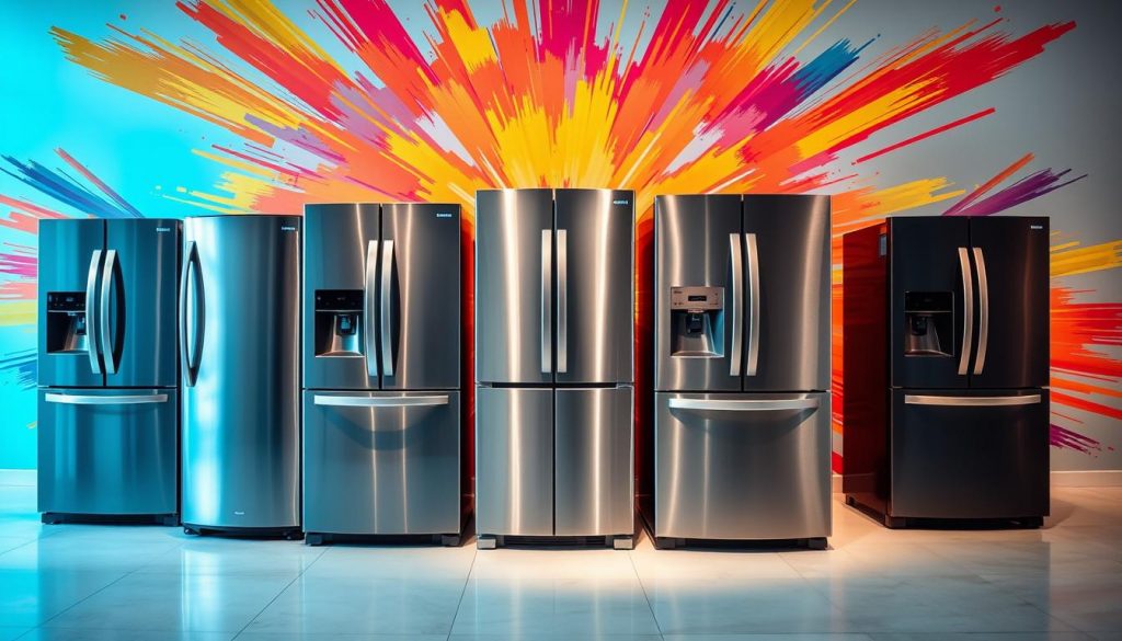 A showroom display of five top-rated energy-efficient residential refrigerators, set against a bright, colorful backdrop with vibrant, exploding accents. The fridges are positioned in the foreground, showcasing their sleek, modern designs and state-of-the-art energy-saving features. The middle ground features dynamic, abstract shapes and hues, creating a visually striking and captivating composition. Soft, directional lighting illuminates the scene, highlighting the refrigerators' shiny, metallic finishes and emphasizing their efficiency and performance. The overall mood is one of innovation, technology, and environmental consciousness, perfectly reflecting the subject of the "Top 5 Energy-Efficient Residential Refrigerators" section. A showroom display of five top-rated energy-efficient residential refrigerators, set against a bright, colorful backdrop with vibrant, exploding accents. The fridges are positioned in the foreground, showcasing their sleek, modern designs and state-of-the-art energy-saving features. The middle ground features dynamic, abstract shapes and hues, creating a visually striking and captivating composition. Soft, directional lighting illuminates the scene, highlighting the refrigerators' shiny, metallic finishes and emphasizing their efficiency and performance. The overall mood is one of innovation, technology, and environmental consciousness, perfectly reflecting the subject of the "Top 5 Energy-Efficient Residential Refrigerators" section.