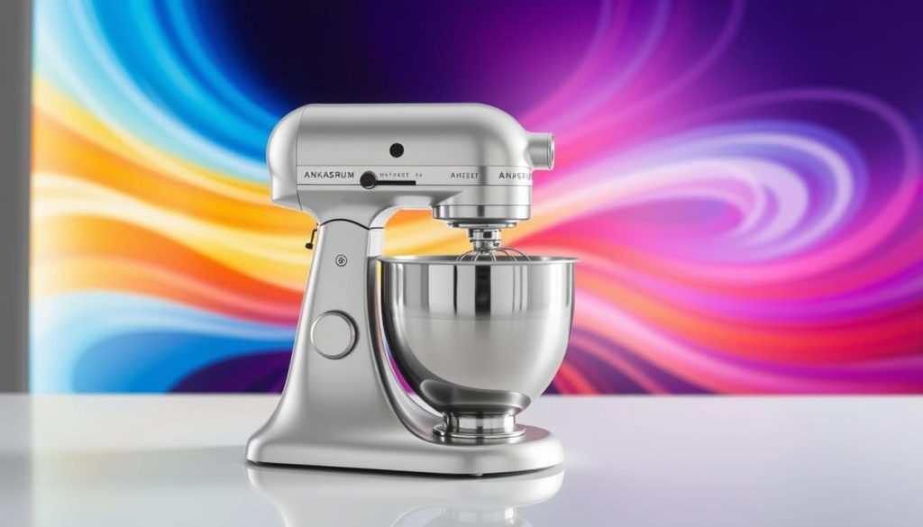 A sleek and modern Ankarsrum Assistent Original stand mixer stands prominently on a pristine countertop, its chrome and stainless steel body gleaming under bright, evenly-distributed lighting. The mixer's iconic design, with its distinctive planetary mixing action, is captured in intricate detail, showcasing the machine's precision engineering and sturdy build. In the background, a vibrant, abstract gradient of colors swirls and dances, adding a dynamic, energetic feel to the scene. The overall composition conveys the Ankarsrum's premium quality, innovative functionality, and the joy of baking with a high-performance stand mixer.