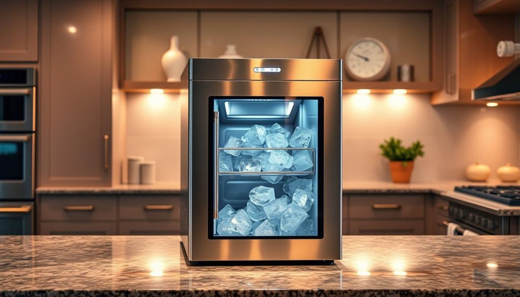 A sleek and modern commercial-grade ice maker showcased in a well-lit kitchen setting. The appliance features a stainless steel exterior with a tempered glass door, allowing a clear view of the ice production process. Soft, diffused lighting illuminates the machine, creating a warm and inviting atmosphere. The ice maker is positioned prominently on a granite countertop, surrounded by high-end kitchen appliances and fixtures. The image captures the appliance's technical capabilities and its seamless integration into a luxurious, residential kitchen design. Vibrant, moving colors and reflections on the stainless steel surface add visual interest and depth to the scene.