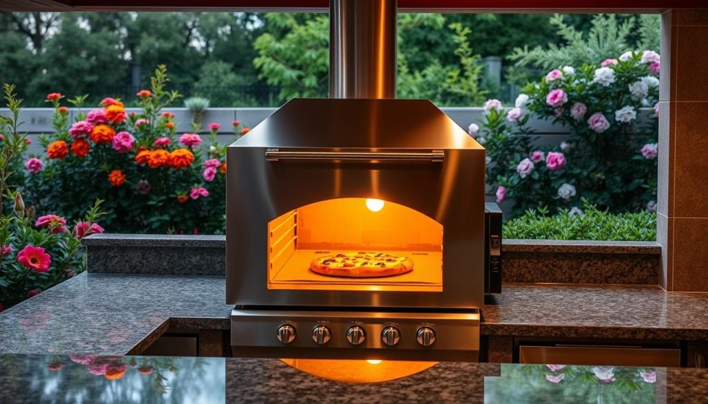 A sleek and modern outdoor kitchen with a built-in pizza oven as the centerpiece. The oven's stainless steel facade gleams under the warm lighting, its large glass window offering a tantalizing glimpse of the bubbling, golden-brown crust. Surrounding the oven, a sturdy granite countertop provides ample space for prep work and serving. The kitchen is nestled within a lush, verdant landscape, with the vibrant hues of blooming flowers and swaying greenery visible in the background. Ambient lighting casts a cozy, inviting glow, setting the stage for alfresco dining and endless culinary adventures.