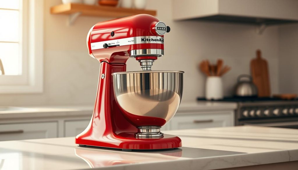 A sleek and stylish KitchenAid Artisan stand mixer sits prominently on a white marble kitchen counter, its polished chrome body gleaming under warm, natural lighting. The mixer's iconic silhouette is accentuated by a vibrant, vivid red color that pops against the clean, minimalist background. The mixer's attachments are visible, hinting at its versatility for a wide range of baking tasks. The scene is captured from a slightly elevated angle, creating a sense of energy and movement, as if the mixer is about to spring into action. The overall atmosphere is one of professional-grade quality, functionality, and timeless design - a centerpiece for any home baker's kitchen.