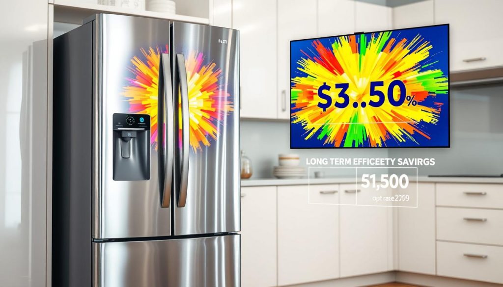 A sleek, energy-efficient refrigerator standing prominently in a modern, well-lit kitchen. The fridge's gleaming stainless steel exterior reflects the vibrant, exploding colors of a cost analysis chart displayed on a nearby digital screen. Detailed graphs and figures illustrate the long-term savings achieved through the fridge's impressive energy efficiency, contrasted with its initial upfront price. The scene is captured from a slightly elevated angle, emphasizing the balance between style, technology, and financial considerations that define the top-rated energy-efficient refrigerators. A sleek, energy-efficient refrigerator standing prominently in a modern, well-lit kitchen. The fridge's gleaming stainless steel exterior reflects the vibrant, exploding colors of a cost analysis chart displayed on a nearby digital screen. Detailed graphs and figures illustrate the long-term savings achieved through the fridge's impressive energy efficiency, contrasted with its initial upfront price. The scene is captured from a slightly elevated angle, emphasizing the balance between style, technology, and financial considerations that define the top-rated energy-efficient refrigerators.