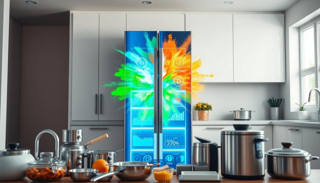 A sleek, energy-efficient refrigerator stands in a modern, well-lit kitchen. Vibrant, exploding colors of blue, green, and orange dance across its surface, reflecting the latest smart home technology. The refrigerator's digital display showcases intuitive energy-saving features, with icons and graphs highlighting its advanced power-management capabilities. In the foreground, various household appliances and cookware create a sense of functionality and daily use, while the background features clean, minimalist cabinetry and a large window letting in natural light. The overall scene conveys a vision of a sustainable, technologically-enhanced home environment. A sleek, energy-efficient refrigerator stands in a modern, well-lit kitchen. Vibrant, exploding colors of blue, green, and orange dance across its surface, reflecting the latest smart home technology. The refrigerator's digital display showcases intuitive energy-saving features, with icons and graphs highlighting its advanced power-management capabilities. In the foreground, various household appliances and cookware create a sense of functionality and daily use, while the background features clean, minimalist cabinetry and a large window letting in natural light. The overall scene conveys a vision of a sustainable, technologically-enhanced home environment.