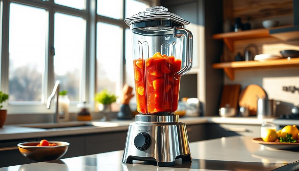 A sleek, high-performance blender sits atop a modern kitchen counter, its gleaming stainless steel exterior catching the light from the large windows. Vibrant hues of red, orange, and yellow radiate from within, as the blender's powerful motor whirs to life, effortlessly blending a vibrant smoothie. The scene is bathed in a warm, natural light, creating a sense of culinary excellence and efficiency. In the background, various kitchen accoutrements and appliances suggest a well-equipped workspace, ready to tackle any culinary challenge. The image conveys the power and precision of a high-performance blender, making it the centerpiece of a successful kitchen.