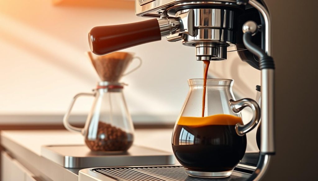 A sleek, high-quality image of the coffee brewing process, showcasing the intricate mechanics and vibrant colors of the extraction. In the foreground, a state-of-the-art espresso machine with a shiny chrome finish, its group head releasing a rich, caramel-colored stream of freshly brewed coffee into a glass server below. The middle ground features a transparent Chemex pour-over setup, with water cascading over freshly ground beans, creating a mesmerizing swirl of dark and light hues. In the background, a minimalist kitchen counter, bathed in warm, natural lighting, complements the scene with a clean, modern aesthetic. The overall atmosphere conveys the precision, passion, and artistry inherent in the craft of coffee brewing.