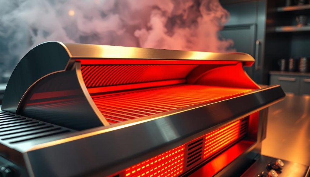 A sleek, high-tech infrared grill, its surface aglow with vibrant hues of orange and red. The stainless steel frame gleams under a warm, focused light, casting dynamic shadows that dance across the scene. Elegant curves and vents suggest efficient airflow, while the infrared burners radiate an intense, searing heat. In the background, a hazy, atmospheric gradient suggests a modern, industrial kitchen setting, heightening the sense of technological prowess. This image captures the essence of infrared cooking technology - powerful, precise, and visually captivating.