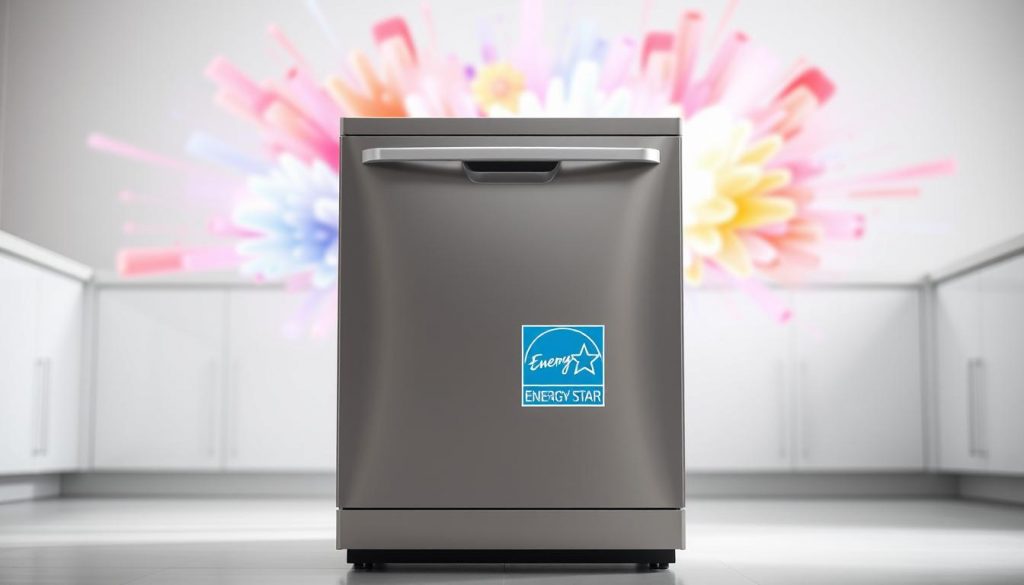 A sleek, modern Energy Star certified dishwasher stands in a bright, minimalist kitchen. Soft, diffused lighting accentuates its clean lines and gleaming stainless steel finish. The appliance's Energy Star label is prominently displayed, signaling its exceptional energy and water efficiency. Vibrant, exploding colors in the background create a dynamic, high-tech atmosphere, complementing the dishwasher's advanced features. The appliance is positioned at a slight angle, allowing viewers to appreciate its elegant design and functional capabilities. An overall sense of efficiency, technology, and environmental consciousness pervades the scene.