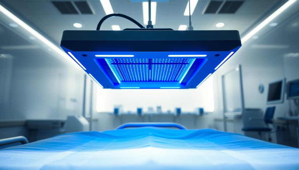 A sleek, modern UV-C disinfection device hovers above a gleaming hospital bed, its intense blue-violet glow casting long shadows across the sterile white sheets. The device's angular, metallic form is accented by pulsing neon lights, creating a sense of advanced technology and efficient sanitization. In the background, a pristine, well-lit medical suite fades into focus, suggesting a high-tech environment where this cutting-edge UV-C technology is employed to maintain the highest standards of cleanliness and patient safety. The overall scene conveys the power and precision of UV-C disinfection, underscoring its crucial role in the medical field.