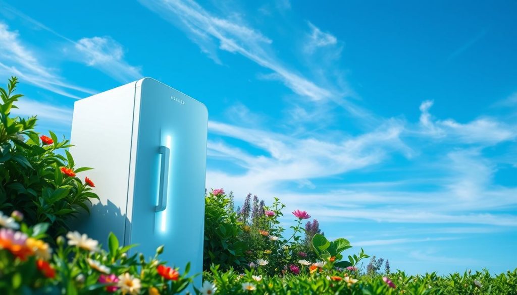A sleek, modern eco-friendly refrigerator stands prominently in the foreground, its gleaming white exterior and energy-efficient LED lighting radiating a sense of environmental responsibility. In the middle ground, lush, verdant foliage and blooming flowers symbolize the refrigerator's sustainable impact, while in the background, a serene blue sky with wispy clouds creates a calming, natural atmosphere. The scene is bathed in a vibrant explosion of colors, highlighting the refrigerator's role in reducing energy consumption and greenhouse gas emissions, promoting a healthier, more sustainable future. A sleek, modern eco-friendly refrigerator stands prominently in the foreground, its gleaming white exterior and energy-efficient LED lighting radiating a sense of environmental responsibility. In the middle ground, lush, verdant foliage and blooming flowers symbolize the refrigerator's sustainable impact, while in the background, a serene blue sky with wispy clouds creates a calming, natural atmosphere. The scene is bathed in a vibrant explosion of colors, highlighting the refrigerator's role in reducing energy consumption and greenhouse gas emissions, promoting a healthier, more sustainable future.