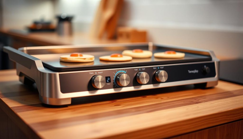 A sleek, modern electric griddle with a clean, minimalist design sits atop a wooden kitchen counter. The griddle's temperature control panel takes center stage, with an array of clearly labeled dials and digital readouts that allow for precise temperature adjustment. Soft, ambient lighting illuminates the scene, creating a warm, inviting atmosphere. The griddle's surface reflects the vibrant, moving colors of the food being cooked, hinting at the delicious breakfast creations it can produce. The overall composition emphasizes the importance of temperature control in achieving the perfect griddle experience for breakfast lovers.