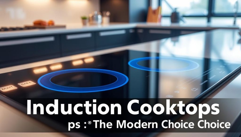 A sleek, modern induction cooktop shines with a glossy black surface, its coils pulsing with a vibrant glow. The layout of the cooktop is minimalist and intuitive, with touch-sensitive controls arranged in a clean, symmetrical pattern. Soft, indirect lighting bathes the scene, creating a warm, inviting atmosphere. In the background, a blurred kitchen backdrop suggests a high-end, contemporary setting, emphasizing the cooktop's advanced technology and seamless integration. The image conveys the efficiency, precision, and sophistication of induction cooking, making it the perfect visual accompaniment to the "Induction Cooktops: The Modern Choice" section.