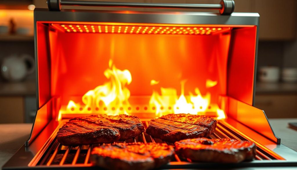 A sleek, modern infrared grill bathed in a warm, vibrant glow. The stainless steel exterior gleams, reflecting the intense infrared burners beneath. Flames dance and flicker, casting a mesmerizing play of light and shadow. The grill's minimalist design is both functional and visually striking, with clean lines and a subtle industrial aesthetic. In the foreground, juicy steaks sizzle, their charred edges caramelized to perfection. The middle ground showcases the grill's intuitive controls, allowing precise temperature regulation. In the background, a softly blurred kitchen setting provides context, hinting at the versatility of this advanced cooking appliance. The overall scene exudes a sense of culinary mastery and technological innovation, capturing the essence of the rise of infrared cooking.